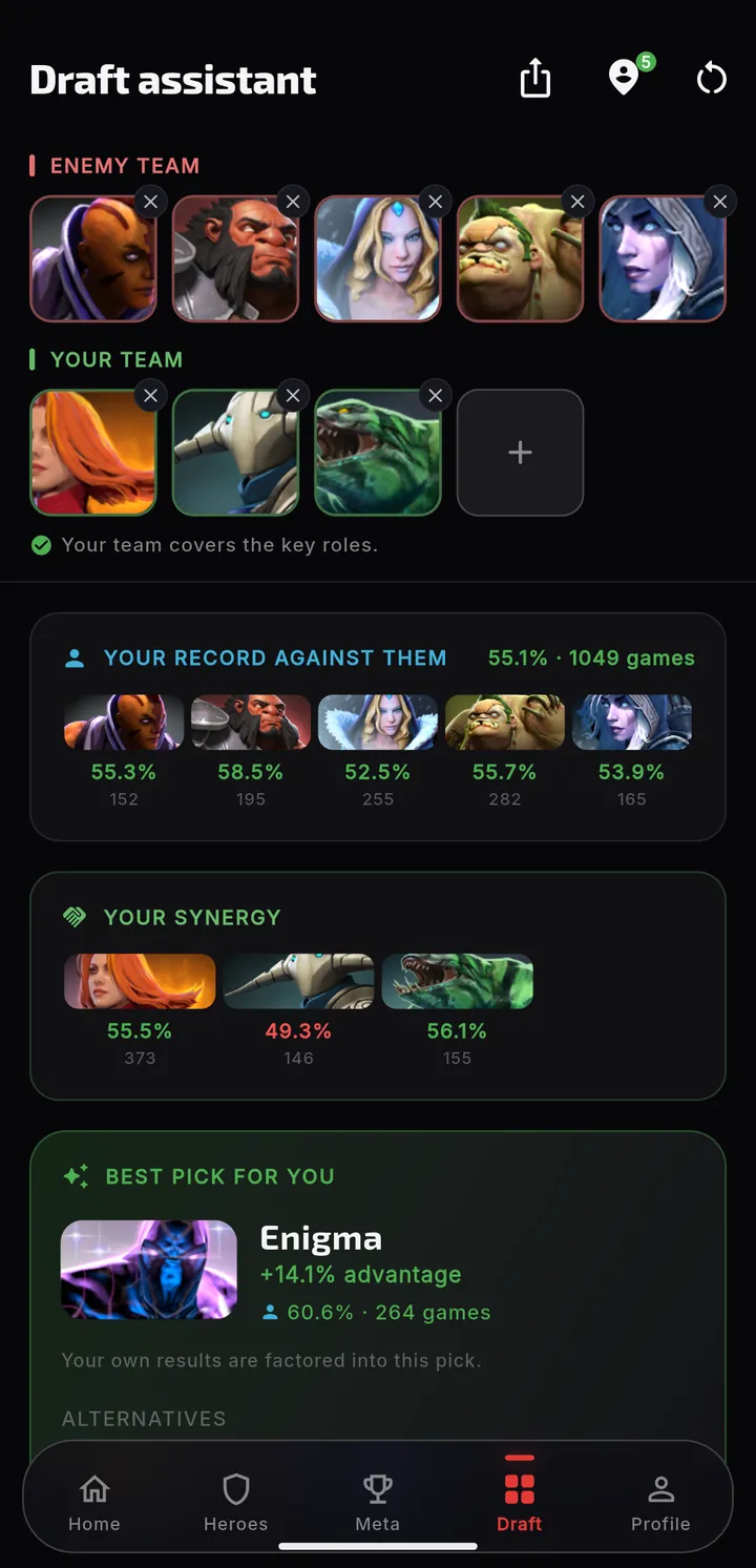 Draft assistant screen showing counter picks for an enemy line-up
