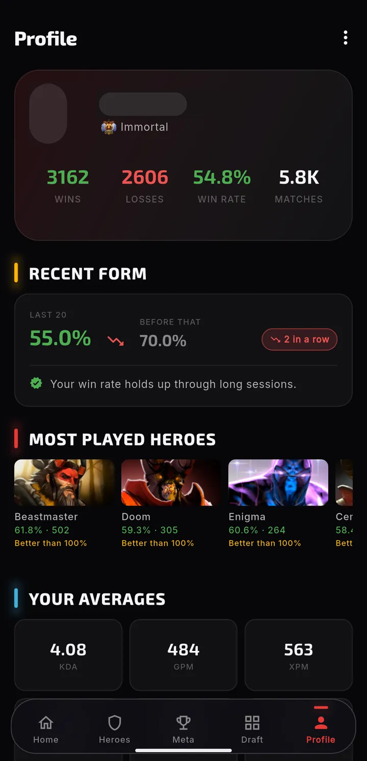Profile screen with recent form and win rate